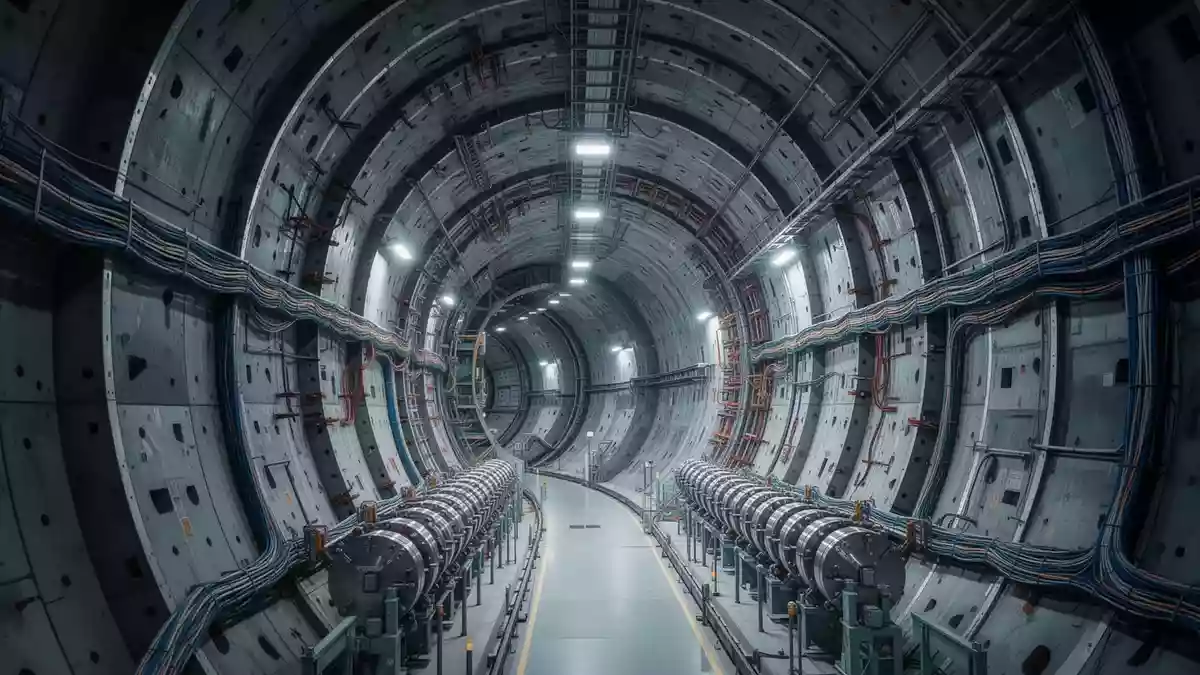 Innenansicht eines kreisförmigen Teilchenbeschleunigertunnels mit komplexer technischer Infrastruktur. Illustration mit AI erstellt.