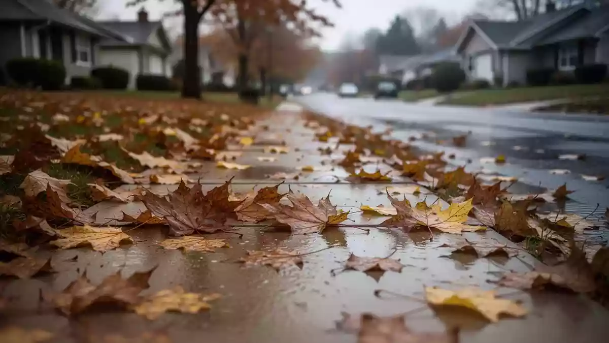 Ein mit nassem Herbstlaub bedeckter Gehweg vor einem Wohnhaus bei trübem Wetter. Illustration mit AI erstellt.