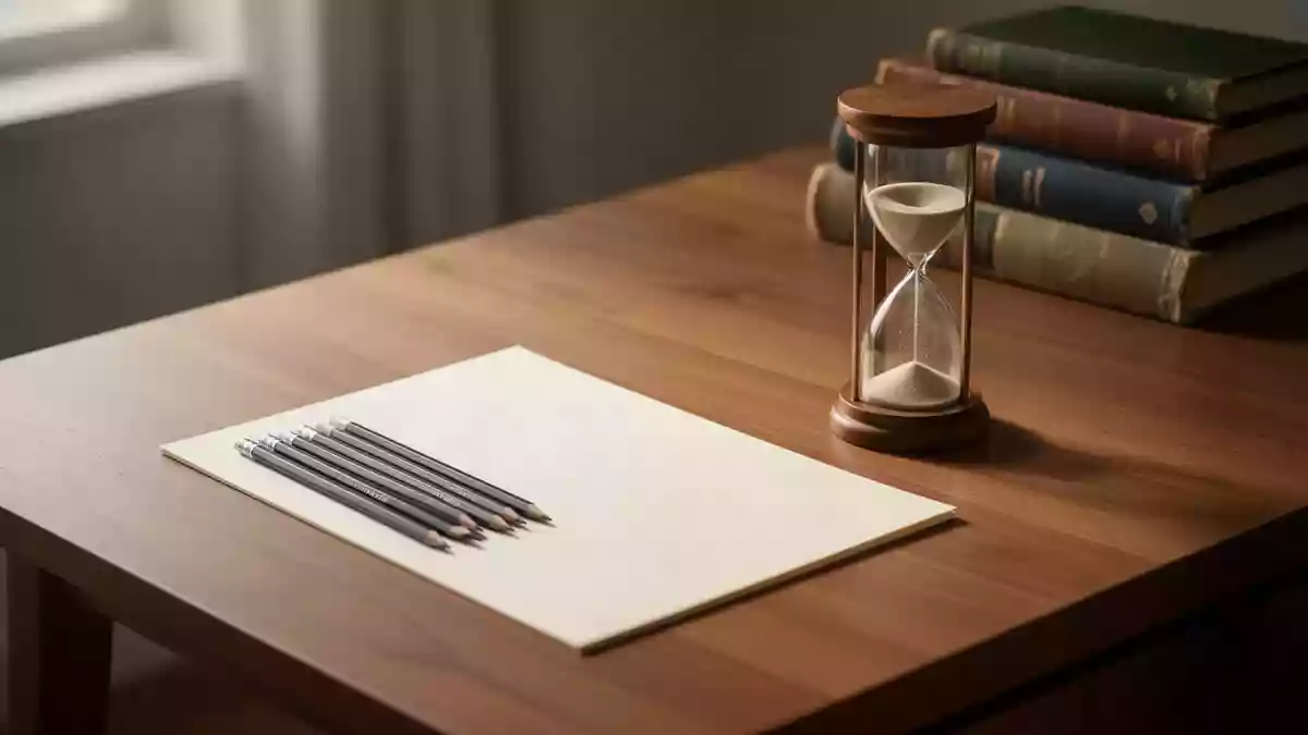 Ein minimalistischer Holzschreibtisch mit Bleistiften, einem leeren Blatt Papier und einer Sanduhr in natürlichem Licht. Illustration mit AI erstellt.