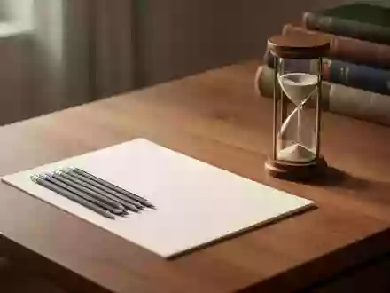 Ein minimalistischer Holzschreibtisch mit Bleistiften, einem leeren Blatt Papier und einer Sanduhr in natürlichem Licht. - Foto: über boerse-global.de