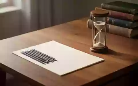 Ein minimalistischer Holzschreibtisch mit Bleistiften, einem leeren Blatt Papier und einer Sanduhr in natürlichem Licht. - Foto: über boerse-global.de