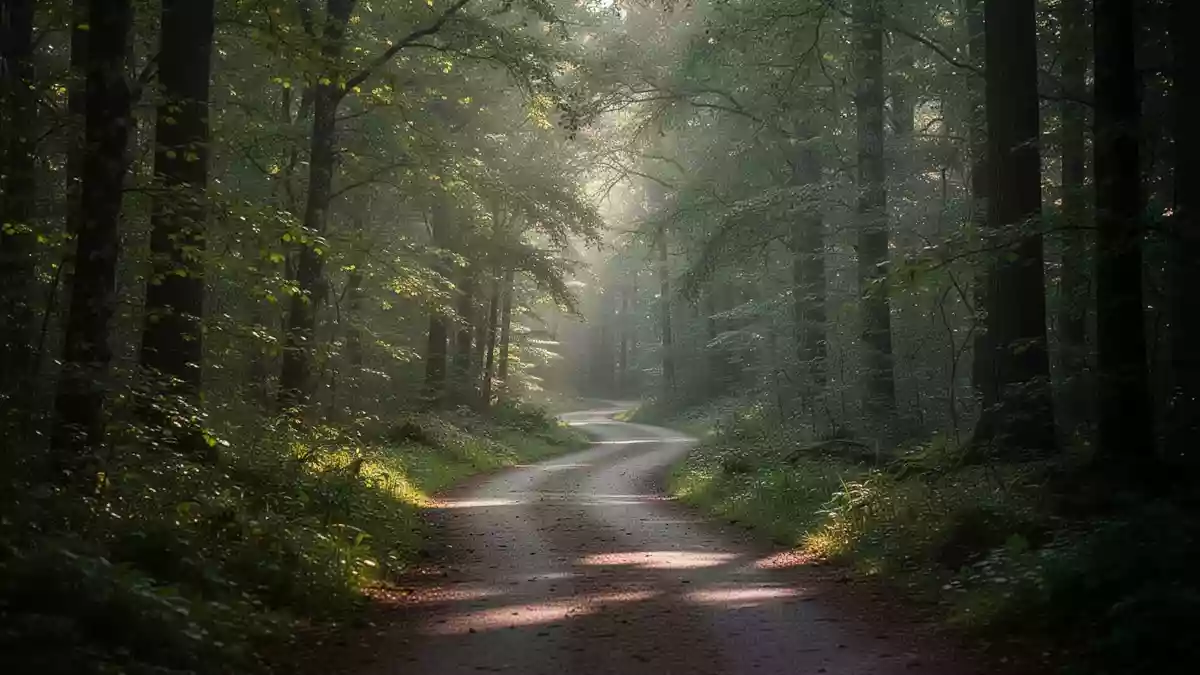 Ein gewundener Waldpfad im sanften Morgenlicht, der Ruhe und Vitalität ausstrahlt. Illustration mit AI erstellt.