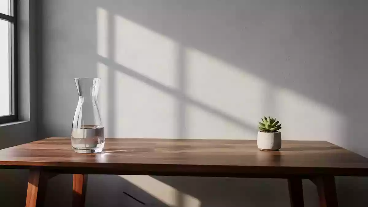 Ein minimalistischer, aufgeräumter Arbeitsplatz mit einer Glaskaraffe und einer Pflanze vor einer schlichten Wand. Illustration mit AI erstellt.