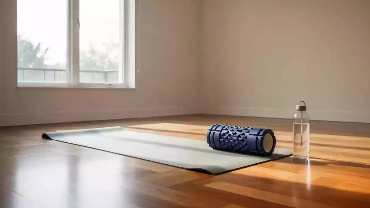 Eine helle, minimalistische Trainingsfläche mit einer ausgerollten Yogamatte und einer Faszienrolle auf einem Holzboden. Illustration mit AI erstellt.
