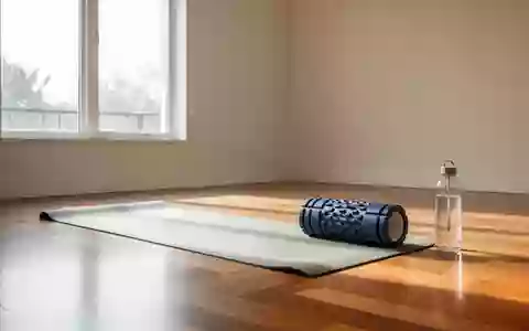Eine helle, minimalistische Trainingsfläche mit einer ausgerollten Yogamatte und einer Faszienrolle auf einem Holzboden. - Foto: über boerse-global.de
