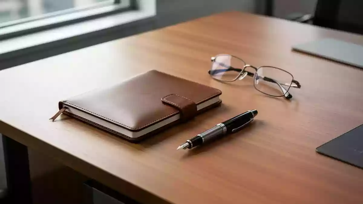 Ein minimalistischer Schreibtisch mit einem Notizbuch und einer Brille in natürlichem Licht. Illustration mit AI erstellt.