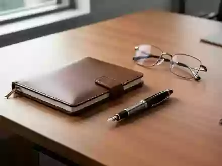 Ein minimalistischer Schreibtisch mit einem Notizbuch und einer Brille in natürlichem Licht. - Foto: über boerse-global.de
