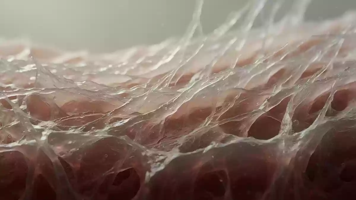 Nahaufnahme der Textur von gesundem Knorpelgewebe mit faseriger Struktur bei natürlichem Licht. Illustration mit AI erstellt.