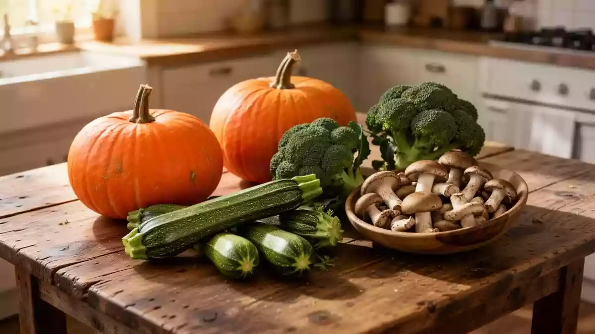 Frische Herbstgemüse wie Kürbis, Zucchini, Brokkoli und Pilze auf einem rustikalen Holztisch. Illustration mit AI erstellt.