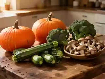 Frische Herbstgemüse wie Kürbis, Zucchini, Brokkoli und Pilze auf einem rustikalen Holztisch. - Foto: über boerse-global.de