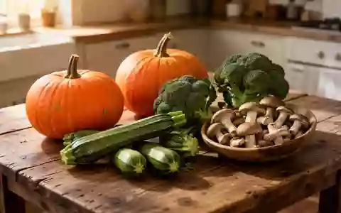 Frische Herbstgemüse wie Kürbis, Zucchini, Brokkoli und Pilze auf einem rustikalen Holztisch. - Foto: über boerse-global.de