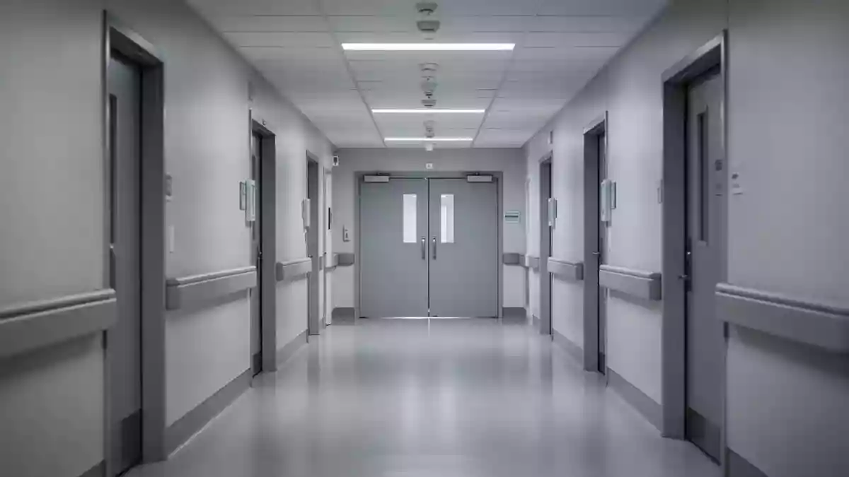 Ein leerer, steriler Krankenhausflur mit neutralen Wänden und glänzendem Boden. Illustration mit AI erstellt.
