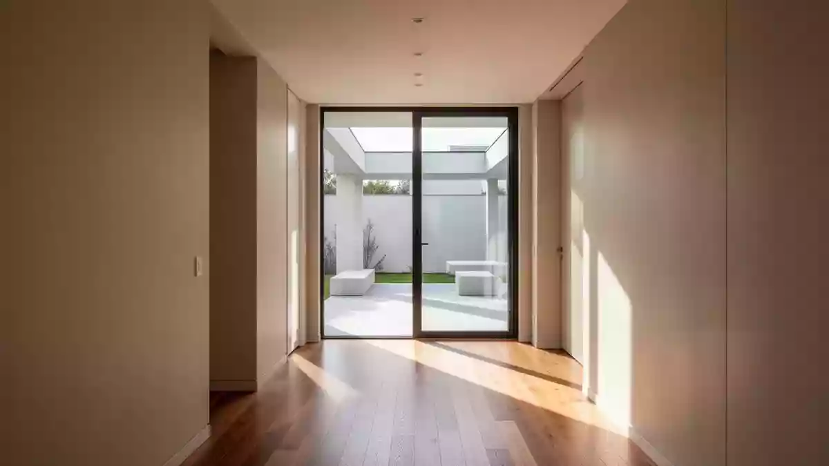 Ein heller, moderner Flur in einem Wohnhaus mit bodentiefen Fenstern und viel Tageslicht. Illustration mit AI erstellt.