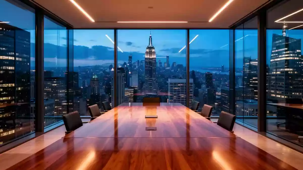 Ein leerer, modern eingerichteter Konferenzraum mit Blick auf die Lichter eines Finanzviertels in der Abenddämmerung. Illustration mit AI erstellt.