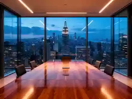 Ein leerer, modern eingerichteter Konferenzraum mit Blick auf die Lichter eines Finanzviertels in der Abenddämmerung. - Foto: über boerse-global.de