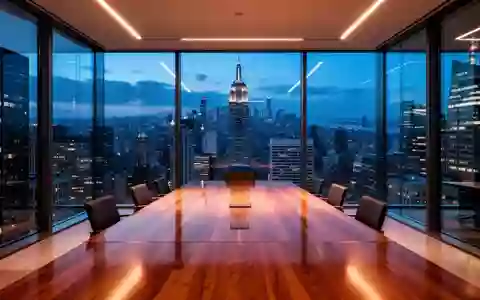 Ein leerer, modern eingerichteter Konferenzraum mit Blick auf die Lichter eines Finanzviertels in der Abenddämmerung. - Foto: über boerse-global.de