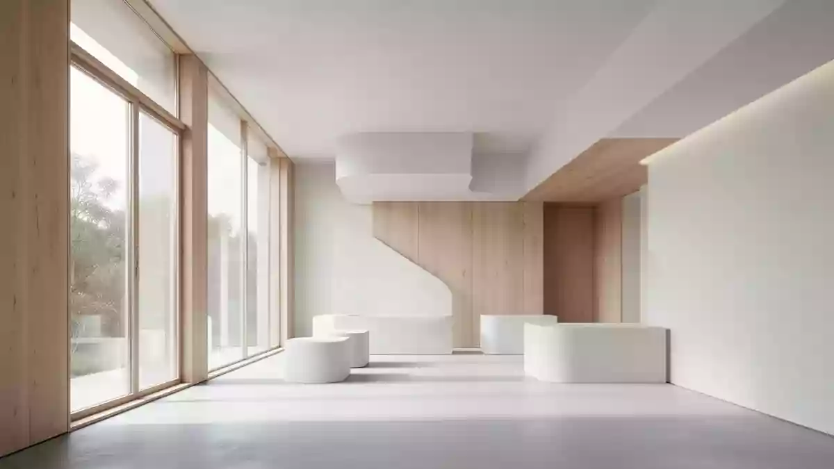 Ein minimalistischer, lichtdurchfluteter Architekturraum mit hellen Oberflächen und klaren Linien, der eine zukunftsorientierte Atmosphäre vermittelt. Illustration mit AI erstellt.
