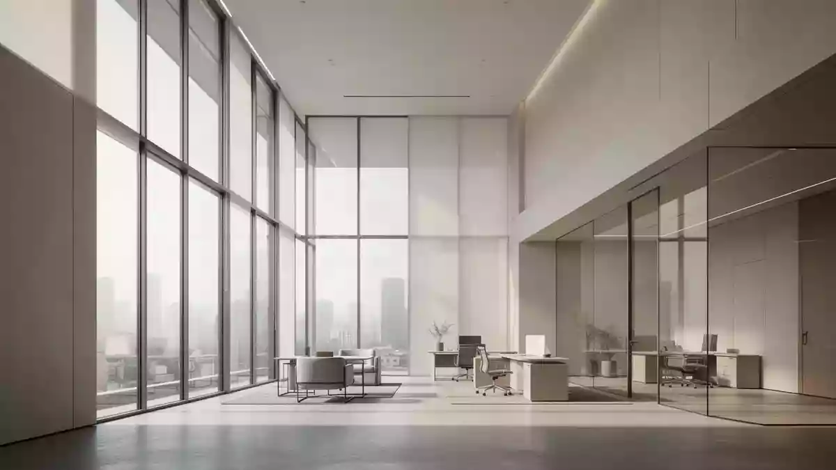 Ein minimalistisch gestalteter, heller Büroraum mit klaren architektonischen Linien und natürlichem Lichteinfall. Illustration mit AI erstellt.