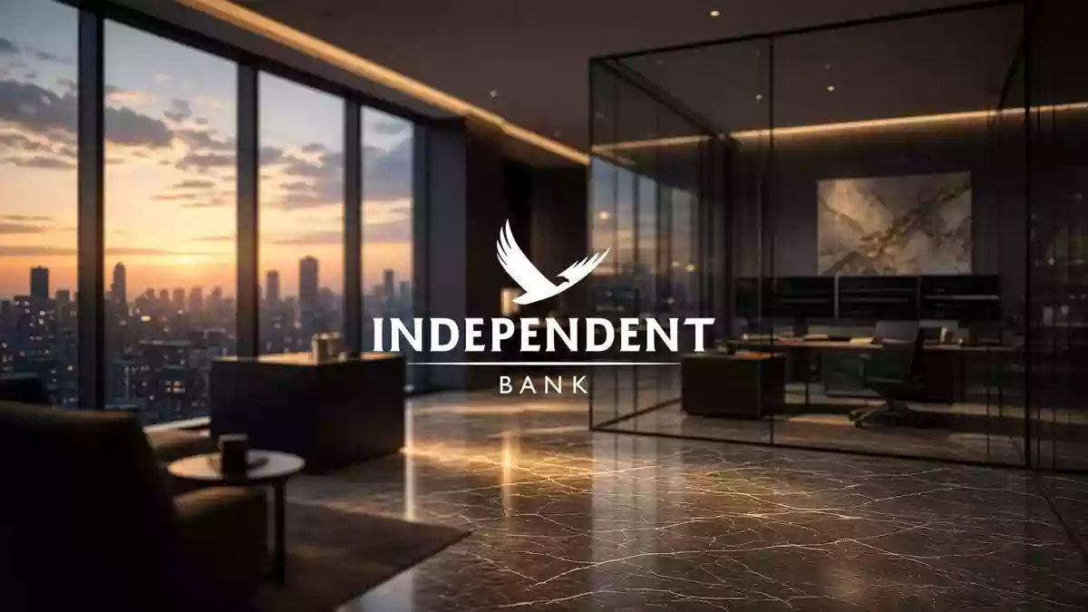Abstrakte Darstellung einer modernen Bankumgebung mit nachdenklicher, kühler Lichtstimmung. Illustration mit AI erstellt.