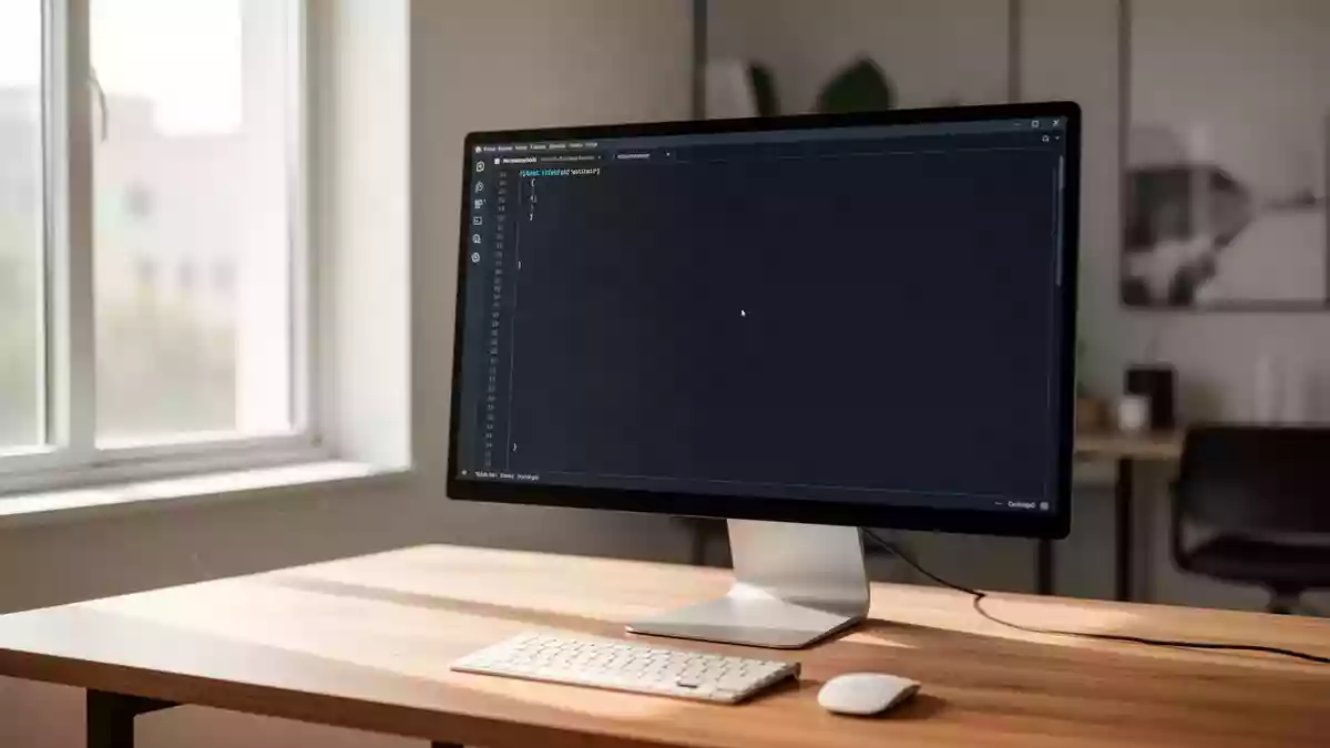 Ein minimalistischer Arbeitsplatz mit einem eingeschalteten Monitor in einem modernen Heimbüro bei Tageslicht. Illustration mit AI erstellt.
