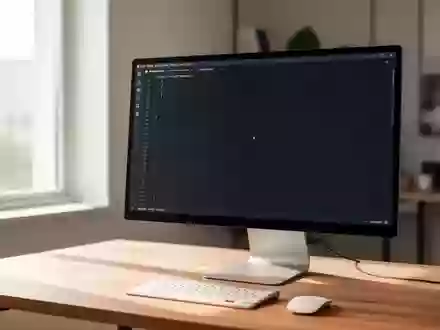 Ein minimalistischer Arbeitsplatz mit einem eingeschalteten Monitor in einem modernen Heimbüro bei Tageslicht. - Foto: über boerse-global.de