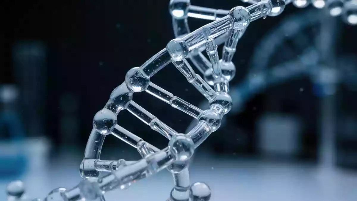 Eine Nahaufnahme eines gläsernen DNA-Modells vor einem unscharfen, dunklen Laborhintergrund. Illustration mit AI erstellt.