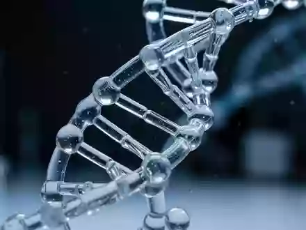 Eine Nahaufnahme eines gläsernen DNA-Modells vor einem unscharfen, dunklen Laborhintergrund. - Foto: über boerse-global.de