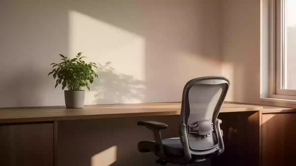 Ein heller, minimalistischer Arbeitsplatz mit einer Pflanze und natürlichem Lichteinfall, der eine ruhige Atmosphäre ausstrahlt. Illustration mit AI erstellt.