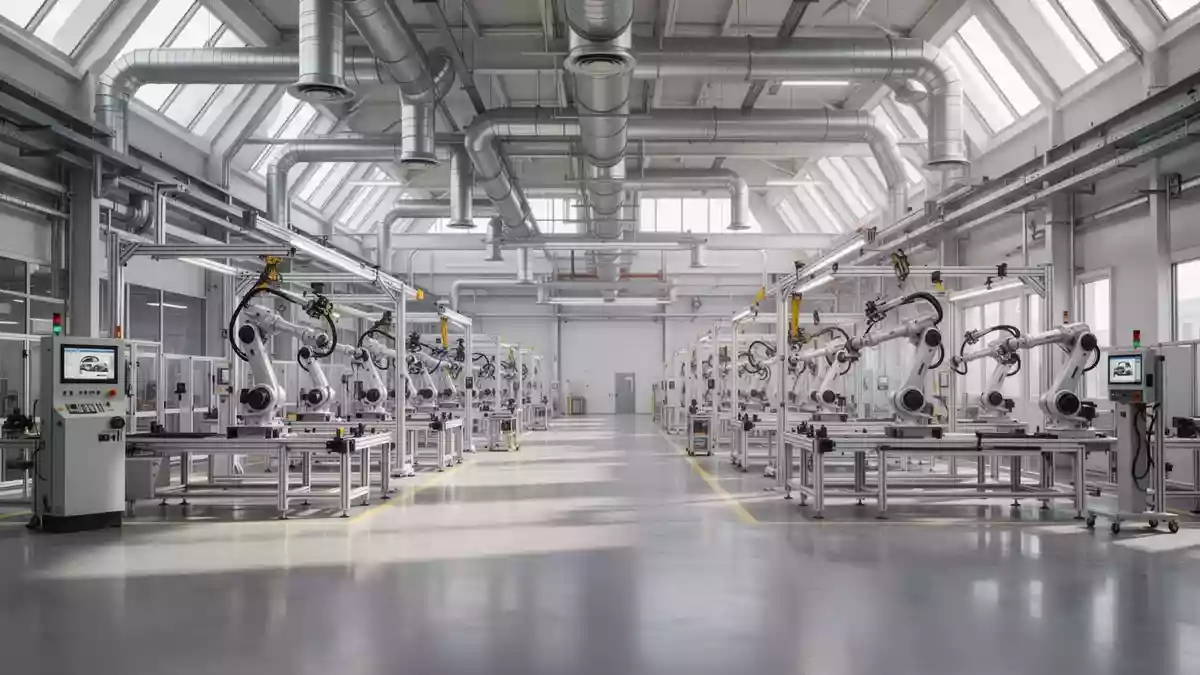 Eine weitläufige, moderne Industriehalle in einem Automobilwerk mit präzisen Fertigungsanlagen und natürlichem Lichteinfall. Illustration mit AI erstellt.