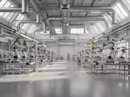 Eine weitläufige, moderne Industriehalle in einem Automobilwerk mit präzisen Fertigungsanlagen und natürlichem Lichteinfall. - Foto: über boerse-global.de