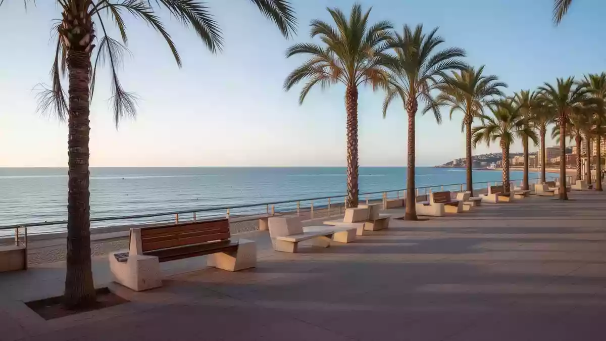 Die leere Promenade von Lloret de Mar am Mittelmeer mit Palmen und Steinbänken im morgendlichen Licht. Illustration mit AI erstellt.
