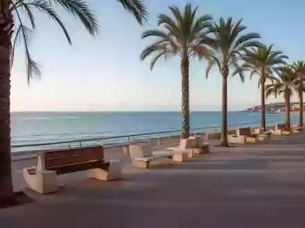 Die leere Promenade von Lloret de Mar am Mittelmeer mit Palmen und Steinbänken im morgendlichen Licht. - Foto: über boerse-global.de