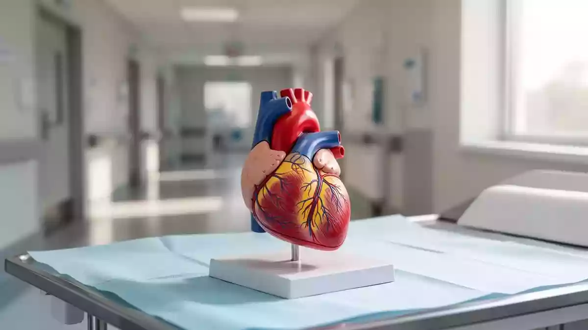 Anatomisches Modell eines menschlichen Herzens auf einem medizinischen Untersuchungstisch in einem hellen Raum. Illustration mit AI erstellt.