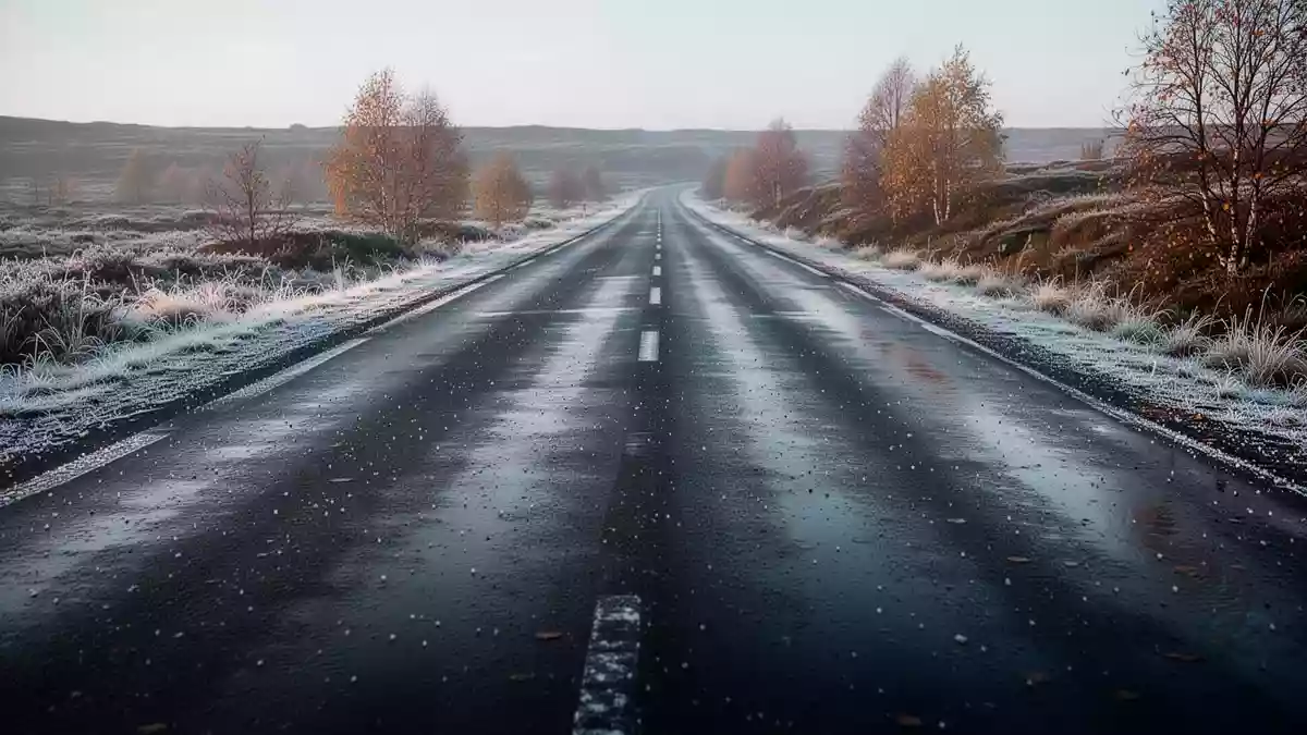 Eine mit Reif bedeckte, glatte Asphaltstraße an einem kalten Herbstmorgen. Illustration mit AI erstellt.