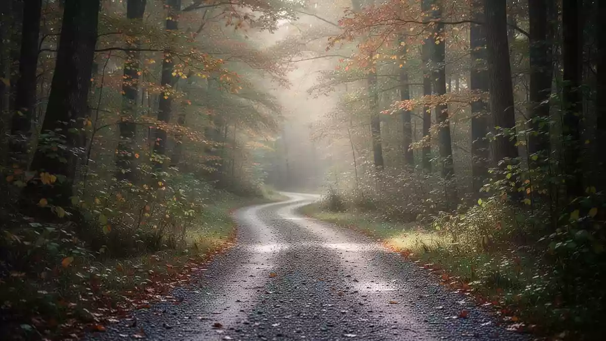 Ein gewundener Waldweg im herbstlichen Morgenlicht, der zu Bewegung und Aktivität im Freien einlädt. Illustration mit AI erstellt.