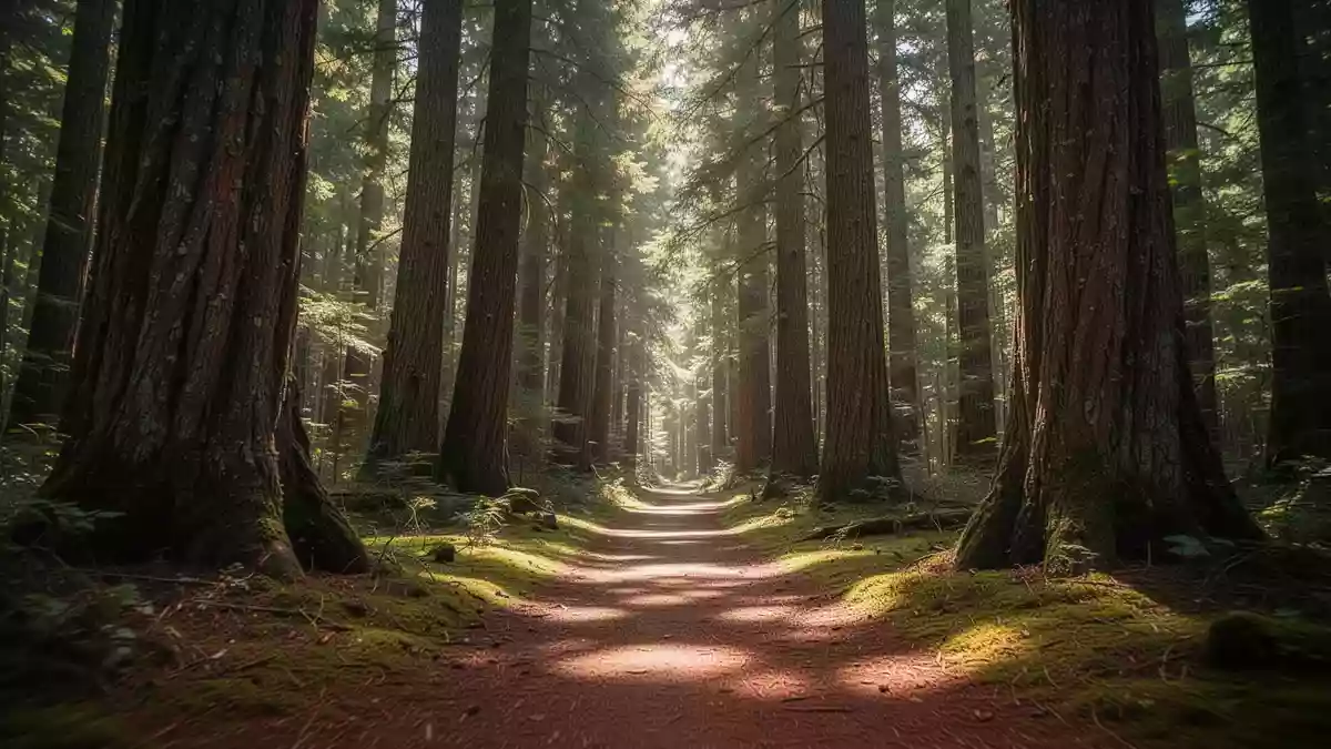 Ein von Sonnenlicht durchfluteter Waldpfad, der sich durch einen alten Baumbestand schlängelt. Illustration mit AI erstellt.