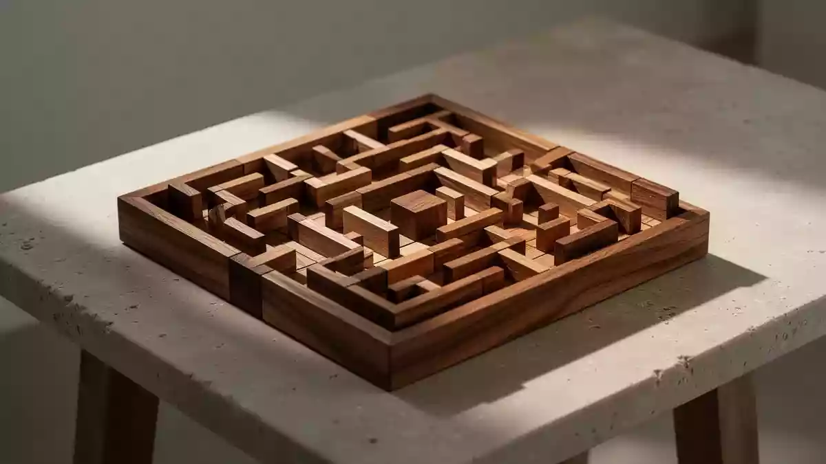 Ein hölzernes Labyrinth-Puzzle auf einem Steintisch als Symbol für Mustererkennung und komplexe Entscheidungsfindung. Illustration mit AI erstellt.