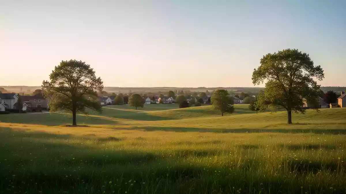 Eine grüne Wiese am Ortsrand, die als potenzielle Fläche für eine neue Wohnbebauung dient. Illustration mit AI erstellt.