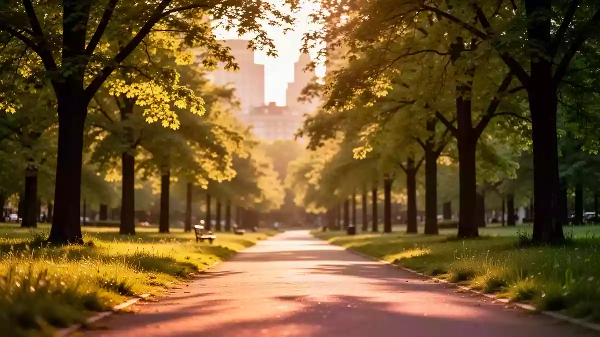 Ein sonnendurchfluteter Parkweg mit üppigem Grün und Bäumen in einer städtischen Umgebung. Illustration mit AI erstellt.