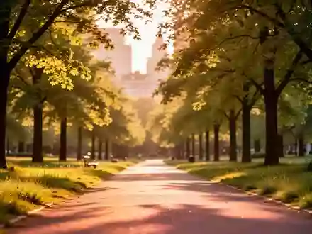 Ein sonnendurchfluteter Parkweg mit üppigem Grün und Bäumen in einer städtischen Umgebung. - Foto: über boerse-global.de