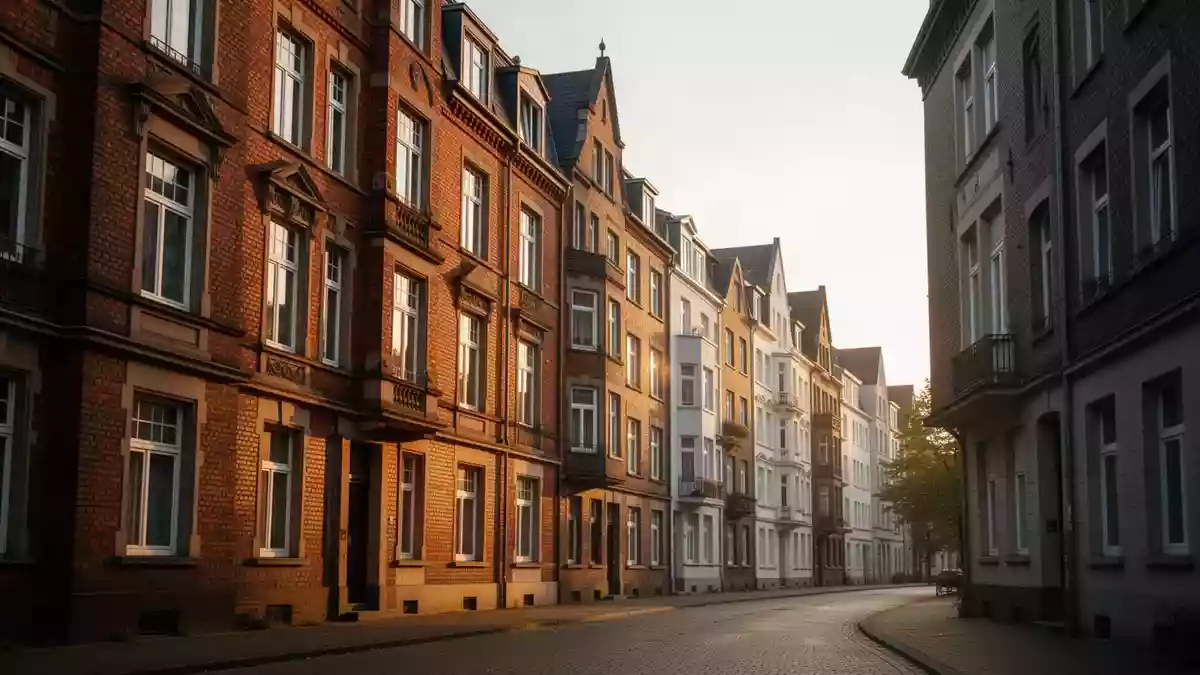 Eine ruhige Wohnstraße in einem Kölner Stadtviertel mit klassischen Wohngebäuden bei natürlichem Tageslicht. Illustration mit AI erstellt.
