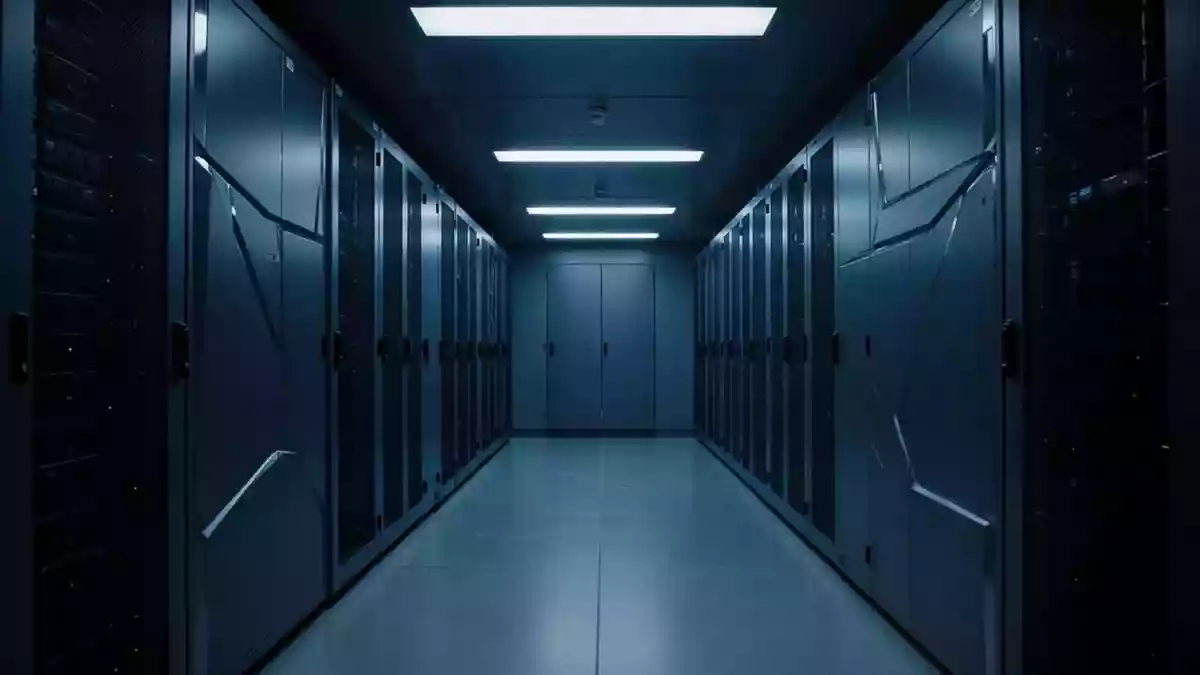 Ein minimalistischer, metallischer Korridor in einem hochsicheren Serverraum mit kühler Beleuchtung. Illustration mit AI erstellt.