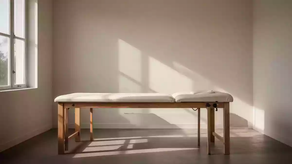 Ein minimalistischer, lichtdurchfluteter Behandlungsraum in einer medizinischen Praxis mit Fokus auf eine ruhige Atmosphäre. Illustration mit AI erstellt.