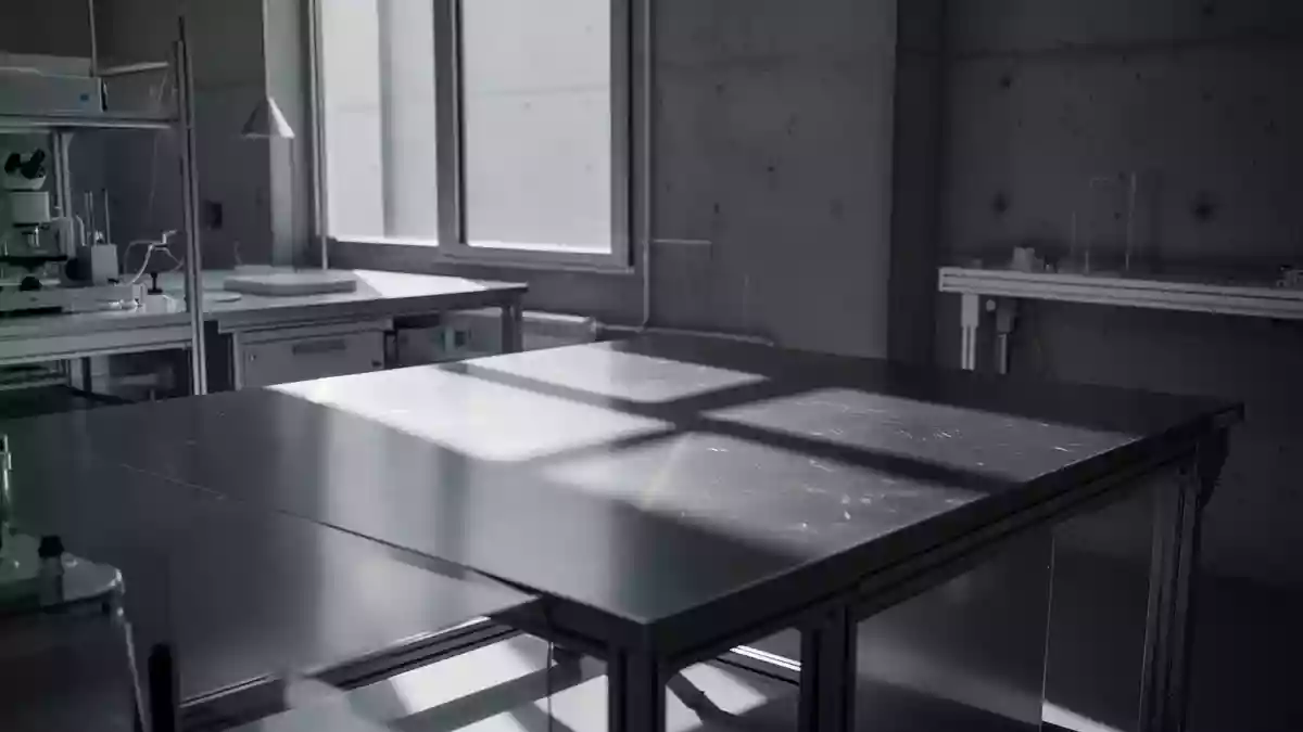 Ein minimalistischer, moderner Arbeitsbereich in einem Labor mit sterilen Oberflächen und neutralen Materialien. Illustration mit AI erstellt.