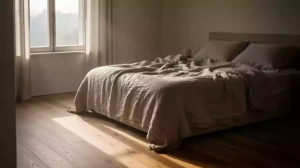 Sonnenlicht fällt in einem minimalistischen Schlafzimmer auf den Holzboden neben einem ungemachten Bett. Illustration mit AI erstellt.