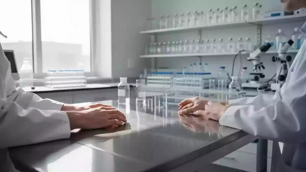 Ein minimalistisches, modernes klinisches Labor mit sterilen Arbeitsflächen und medizinischen Geräten in ruhigem Licht. Illustration mit AI erstellt.