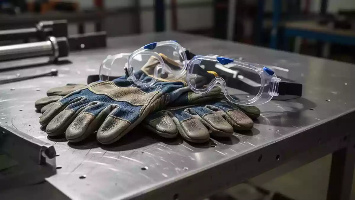 Schutzausrüstung wie Handschuhe und Schutzbrille auf einer Werkbank zur Darstellung von Arbeitsschutzmaßnahmen. Illustration mit AI erstellt.