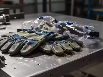 Schutzausrüstung wie Handschuhe und Schutzbrille auf einer Werkbank zur Darstellung von Arbeitsschutzmaßnahmen. - Foto: über boerse-global.de