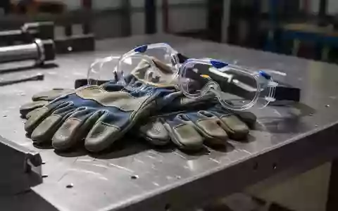 Schutzausrüstung wie Handschuhe und Schutzbrille auf einer Werkbank zur Darstellung von Arbeitsschutzmaßnahmen. - Foto: über boerse-global.de