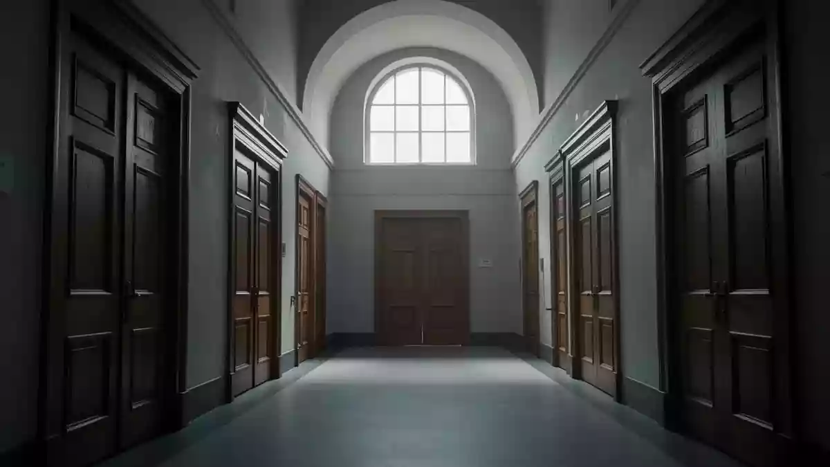 Ein langer, menschenleerer Flur in einem Verwaltungsgebäude mit geschlossenen Bürotüren und kühlem Tageslicht. Illustration mit AI erstellt.